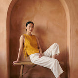 Yellow Cotton Flax Sleeveless Side-Tie Top