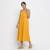 Front View of a Model wearing Yellow Cotton Flax Strap Sleeve A-Line Dress