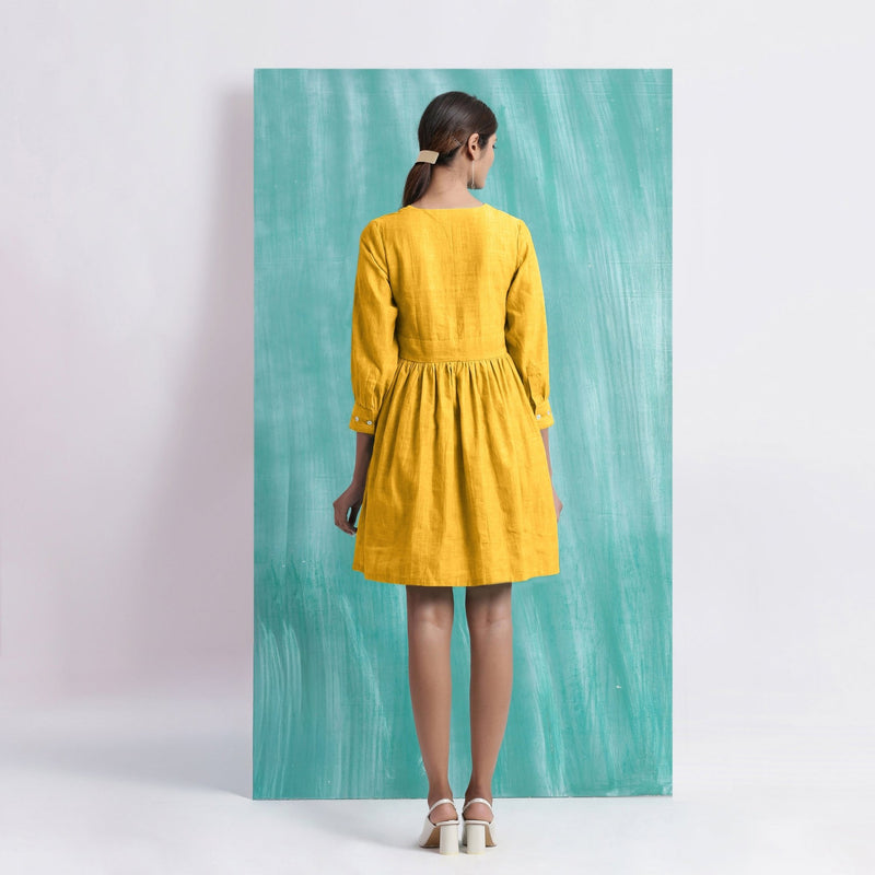 Yellow Cotton Flax V-Neck Gathered Short Dress