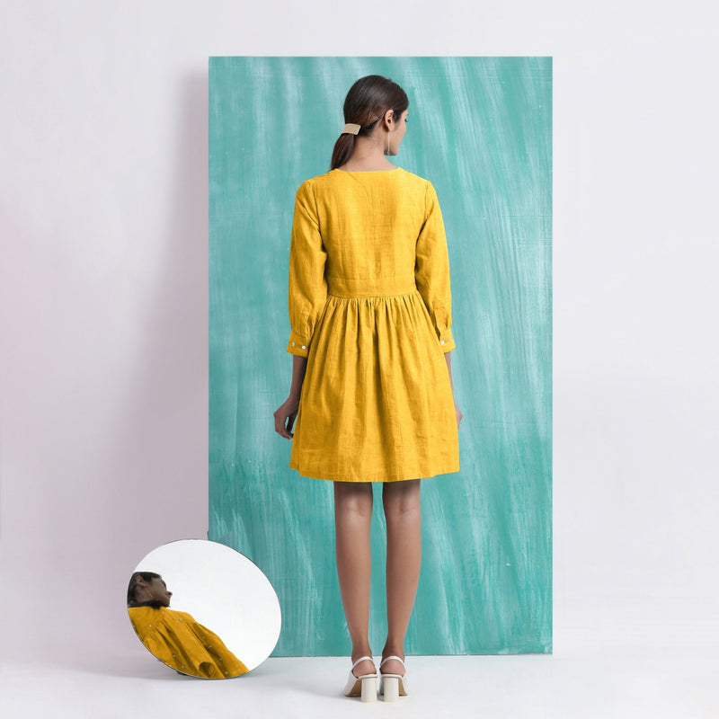 Yellow Cotton Flax V-Neck Gathered Short Dress
