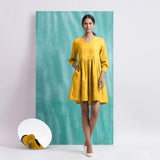Yellow Cotton Flax V-Neck Gathered Short Dress