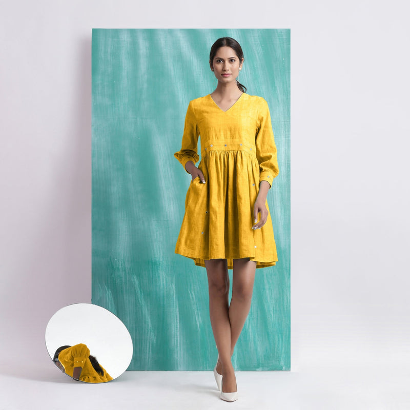 Yellow Cotton Flax V-Neck Gathered Short Dress