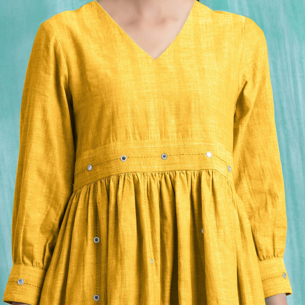 Yellow Cotton Flax V-Neck Gathered Short Dress