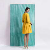 Yellow Cotton Flax V-Neck Gathered Short Dress