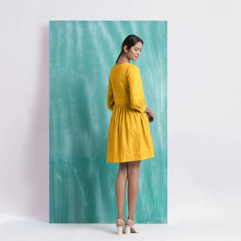 Yellow Cotton Flax V-Neck Gathered Short Dress