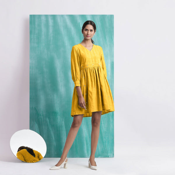 Yellow Cotton Flax V-Neck Gathered Short Dress