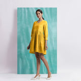 Yellow Cotton Flax V-Neck Gathered Short Dress