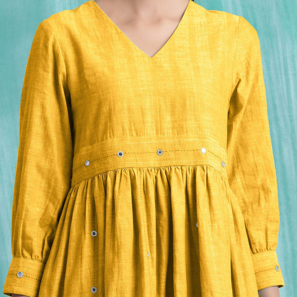 Yellow Cotton Flax V-Neck Gathered Short Dress