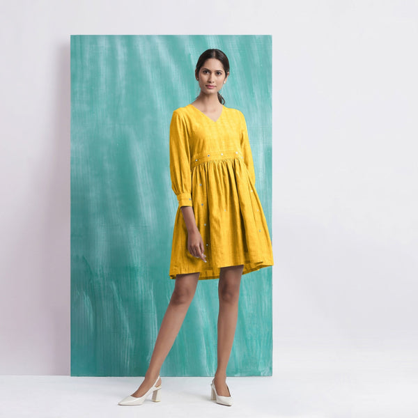 Yellow Cotton Flax V-Neck Gathered Short Dress