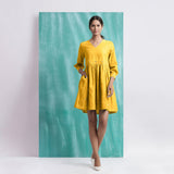Yellow Cotton Flax V-Neck Gathered Short Dress