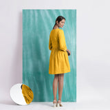 Yellow Cotton Flax V-Neck Gathered Short Dress