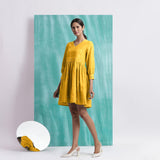 Yellow Cotton Flax V-Neck Gathered Short Dress