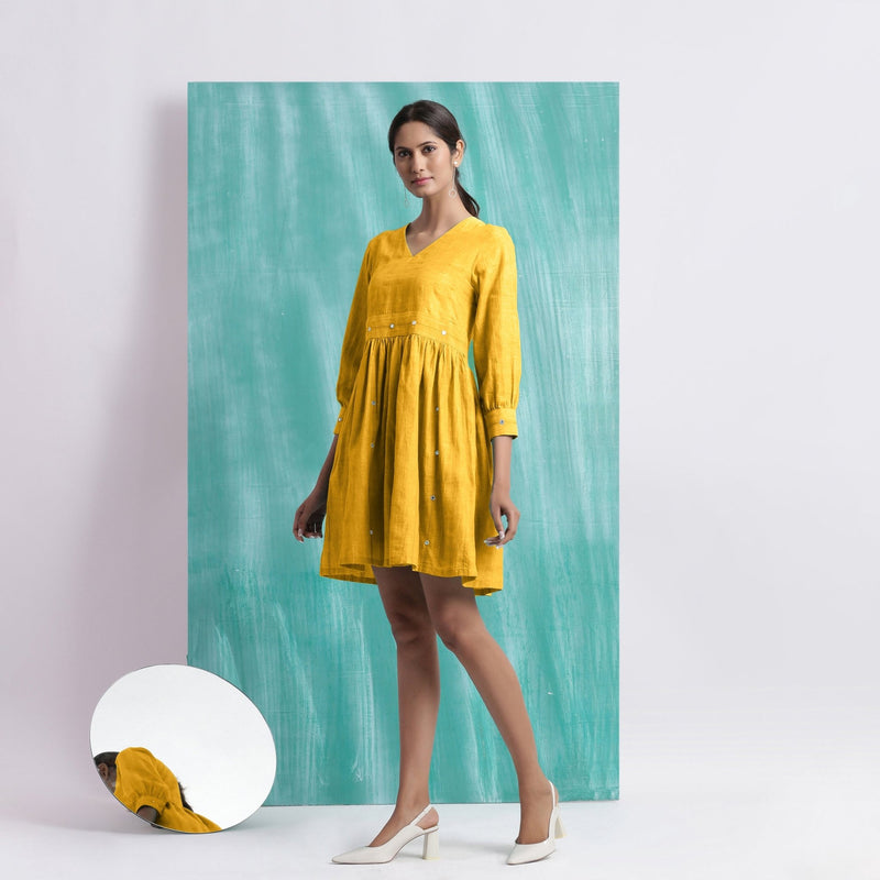 Yellow Cotton Flax V-Neck Gathered Short Dress
