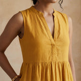 Yellow Cotton Flax V-Neck Maxi Tier Dress