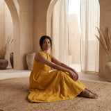 Yellow Cotton Flax V-Neck Maxi Tier Dress