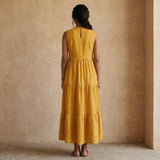 Yellow Cotton Flax V-Neck Maxi Tier Dress
