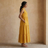 Yellow Cotton Flax V-Neck Maxi Tier Dress
