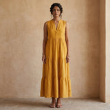 Yellow Cotton Flax V-Neck Maxi Tier Dress