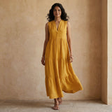 Yellow Cotton Flax V-Neck Maxi Tier Dress