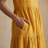 Yellow Cotton Flax V-Neck Maxi Tier Dress
