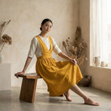 Yellow Cotton Flax V-Neck Pinafore Midi Wrap Dress