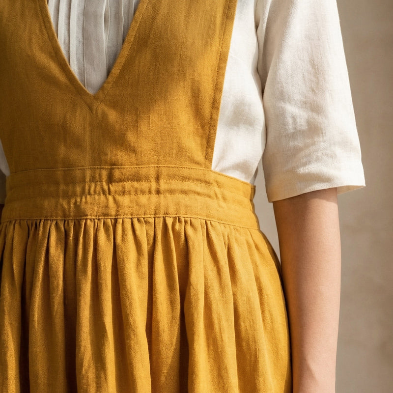 Yellow Cotton Flax V-Neck Pinafore Midi Wrap Dress 70