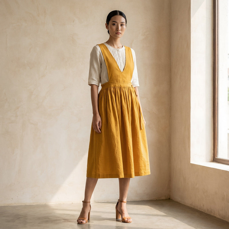 yellow pinafore dress Daring Diva Corduroy Button Down Overall S Dark Yellow, Women's, Size: Small, Multicolor some photos have been enhanced with AI editing tools. Yellow Cotton Flax V-Neck Pinafore
