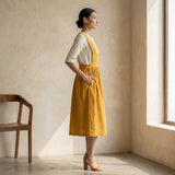 Yellow Cotton Flax V-Neck Pinafore Midi Wrap Dress