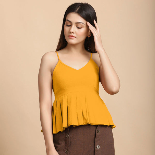 Yellow Cotton Flax V-Neck Pleated Camisole Top