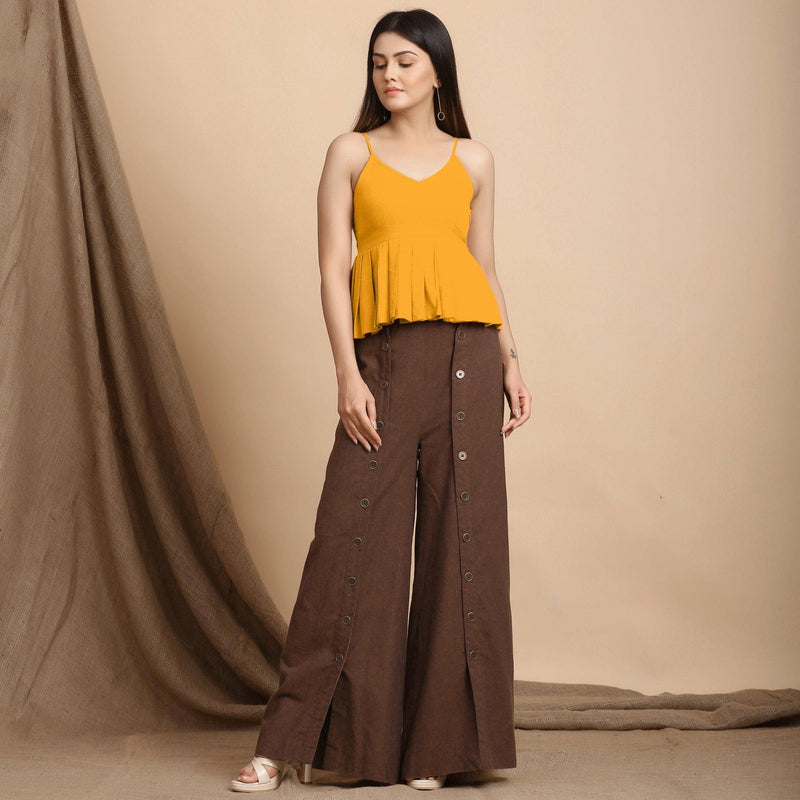 Yellow Cotton Flax V-Neck Pleated Camisole Top