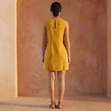 Yellow Cotton Flax Wavy Stripe Short Shift Dress