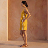 Yellow Cotton Flax Wavy Stripe Short Shift Dress