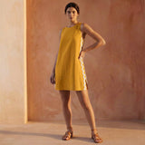 Yellow Cotton Flax Wavy Stripe Short Shift Dress