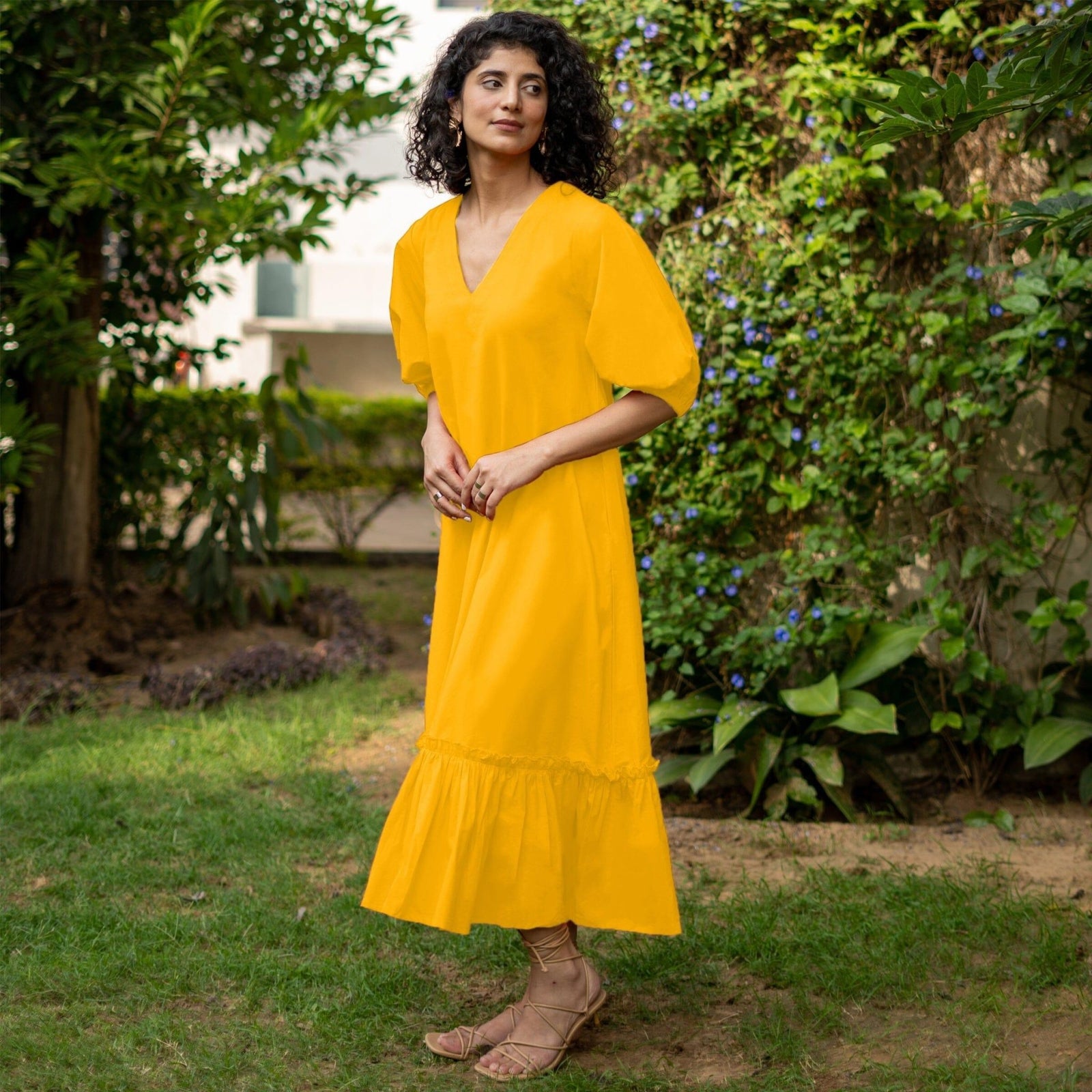 Yellow Cotton Poplin A-Line Deep Neck Maxi Tier Dress 36