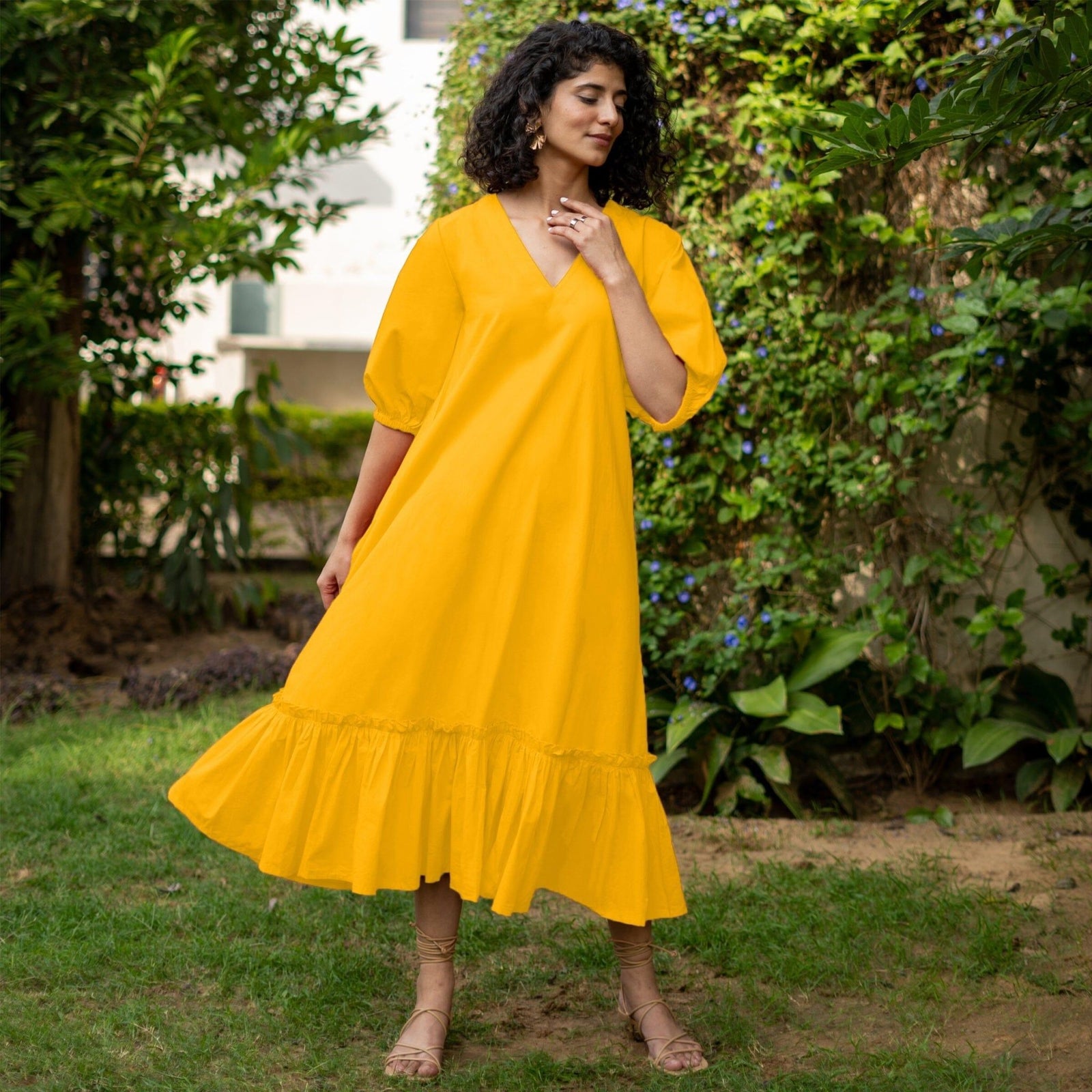 Buy Yellow Cotton Poplin A-Line Deep Neck Maxi Tier Dress Online