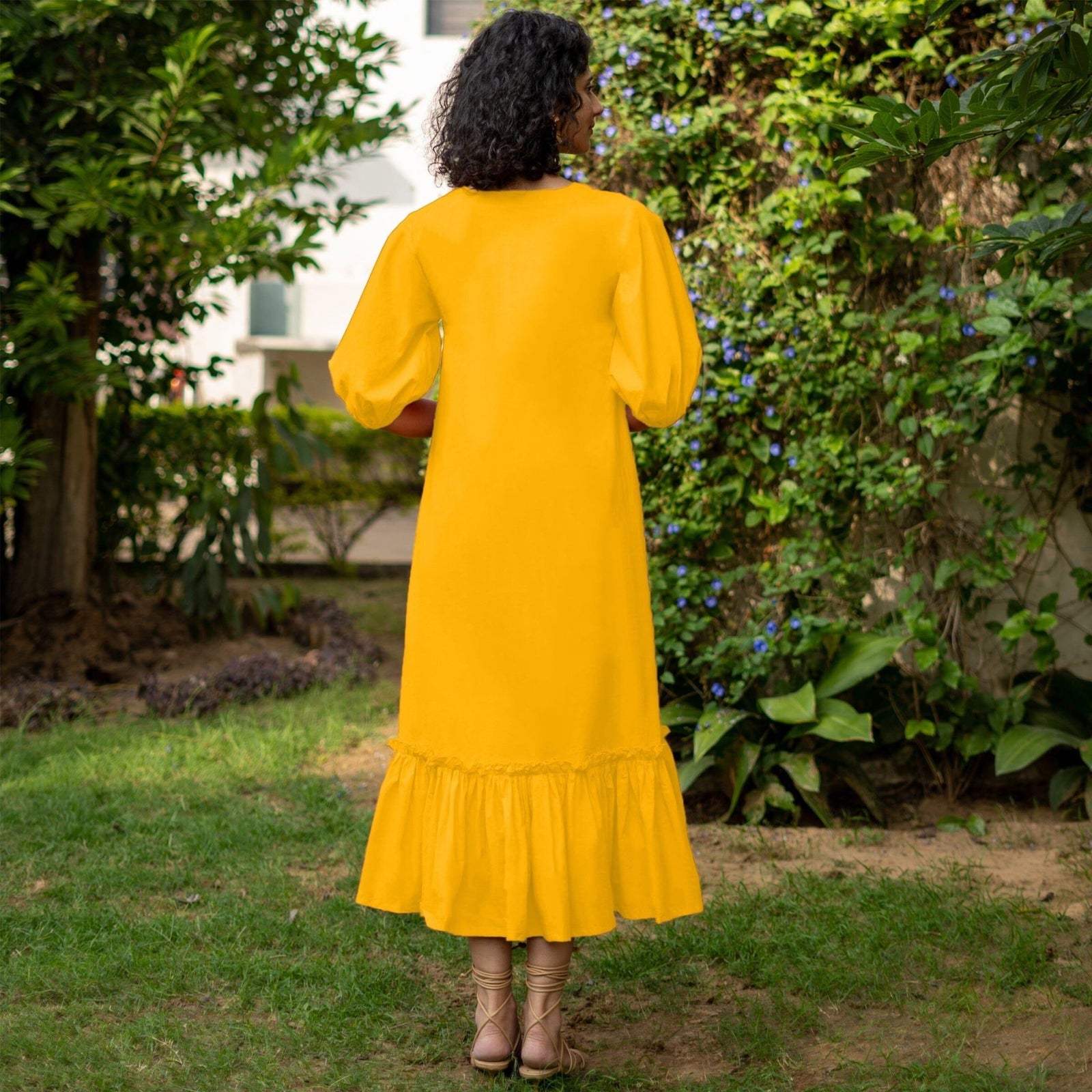 Yellow Cotton Poplin A-Line Deep Neck Maxi Tier Dress Custom Size (Free) / Regular (5'2" - 5'6") Yellow Cotton Poplin A-Line Deep Neck Maxi Tier Dress Custom Size (Free) / Regular (5'2" - 5'6")