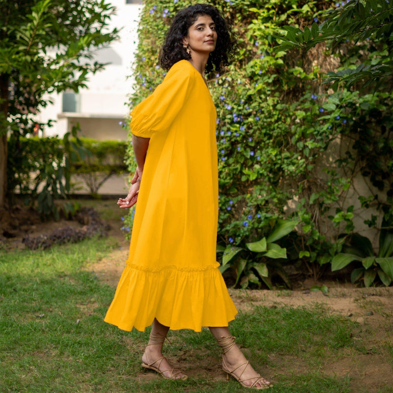 Yellow Cotton Poplin A-Line Deep Neck Maxi Tier Dress Custom Size (Free) / Regular (5'2" - 5'6") Yellow Cotton Poplin A-Line Deep Neck Maxi Tier Dress Custom Size (Free) / Regular (5'2" - 5'6")