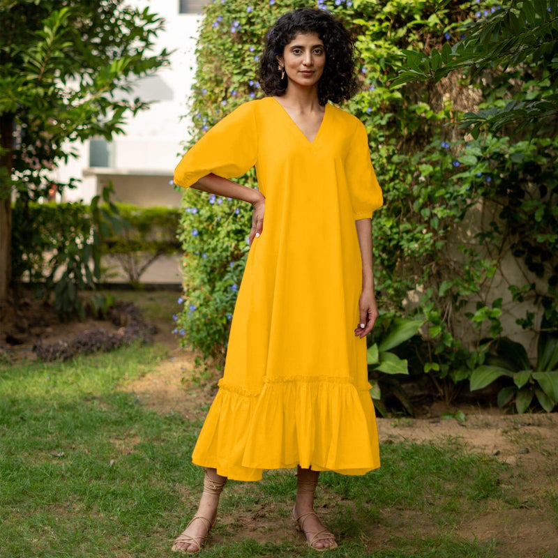 Yellow Cotton Poplin A-Line Deep Neck Maxi Tier Dress