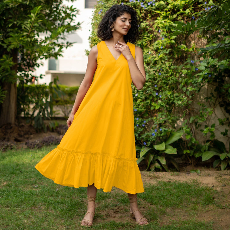 Yellow Cotton Poplin A-Line Deep Neck Sleeveless Maxi Dress