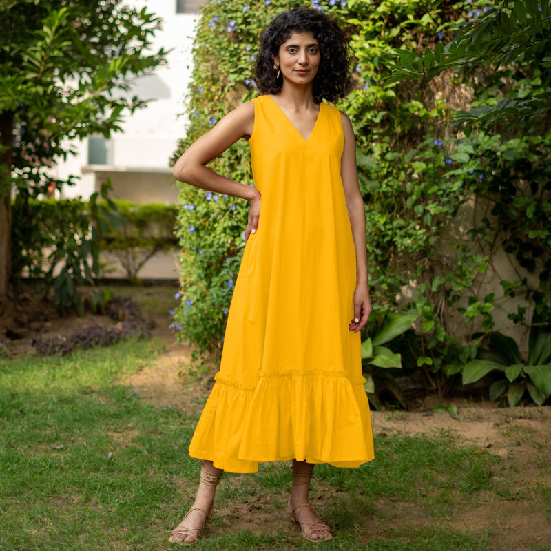 Yellow Cotton Poplin A-Line Deep Neck Sleeveless Maxi Dress