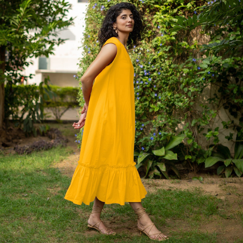 Yellow Cotton Poplin A-Line Deep Neck Sleeveless Maxi Dress