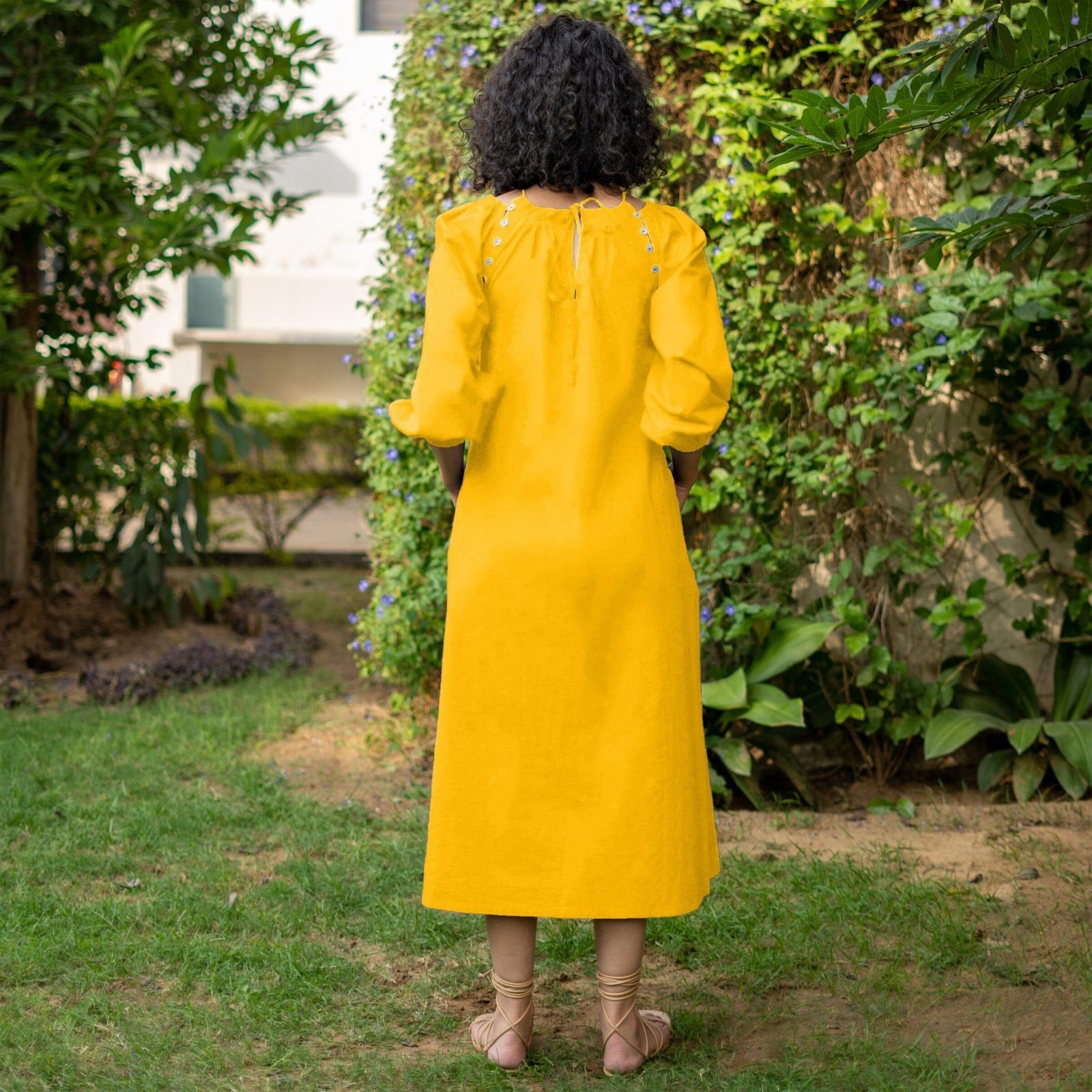 yellow midi dress with sleeves Cotton Poplin A-Line Detachable Sleeve Flared 38