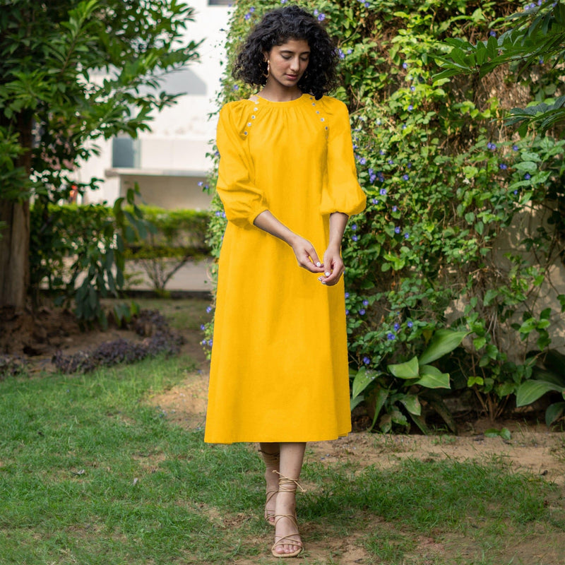 Yellow Cotton Poplin A-Line Detachable Sleeve Flared Midi Dress 48" / Petite (5'1" and below) Yellow Cotton Poplin A-Line Detachable Sleeve Flared Midi Dress 48" / Petite (5'1" and below)