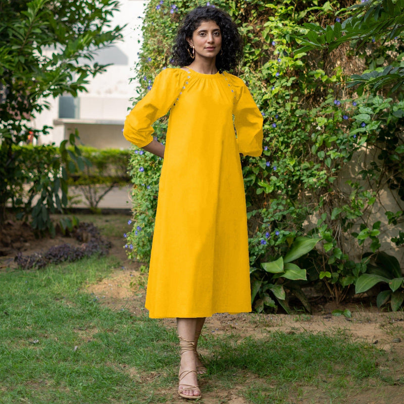 Yellow Cotton Poplin A-Line Detachable Sleeve Flared Midi Dress 48" / Petite (5'1" and below) Yellow Cotton Poplin A-Line Detachable Sleeve Flared Midi Dress 48" / Petite (5'1" and below)