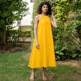 Yellow Cotton Poplin A-Line Detachable Sleeve Flared Midi Dress