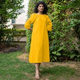 Yellow Cotton Poplin A-Line Detachable Sleeve Flared Midi Dress