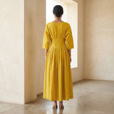 Yellow Cotton Poplin Cinched Waist Flared Maxi Dress
