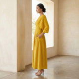 Yellow Cotton Poplin Cinched Waist Flared Maxi Dress