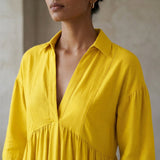 Yellow Cotton Poplin Deep-V Maxi Tier Dress