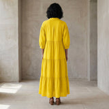 Yellow Cotton Poplin Deep-V Maxi Tier Dress